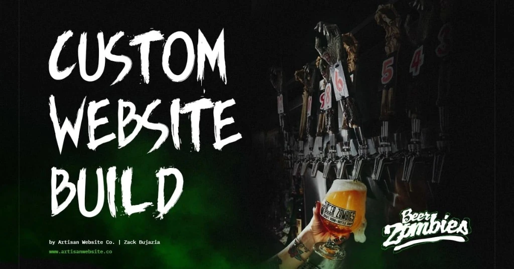 Custom website build title card for Beer Zombies, with a glass held under the tap handles