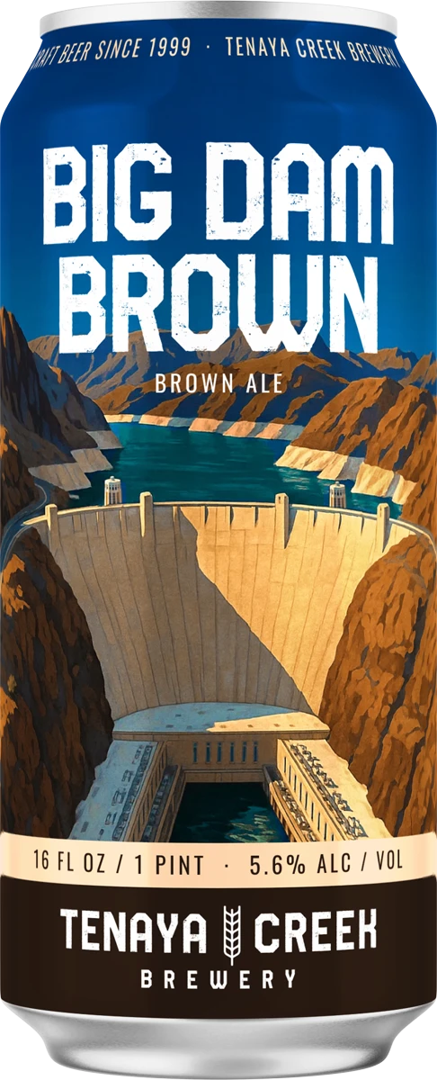 Big Dam Brown can with Hoover Dam and lake artwork
