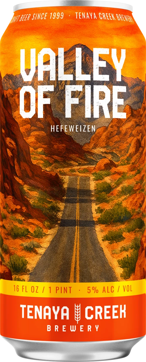 Valley of Fire can with red sandstone and desert road artwork