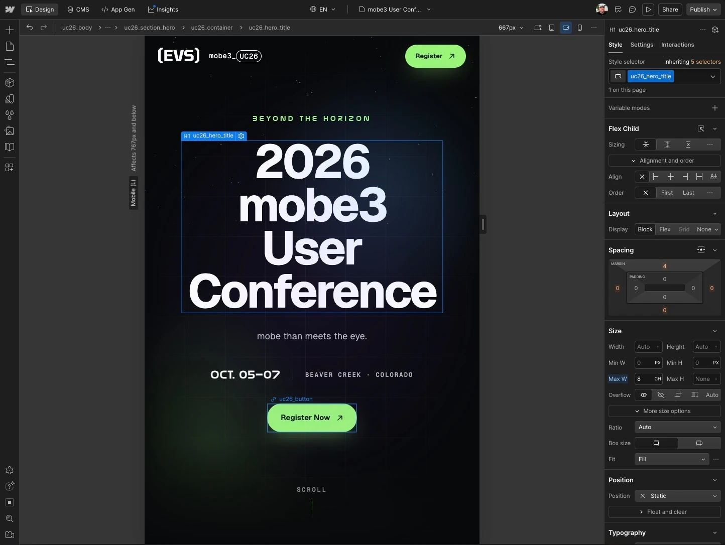 Responsive conference hero and navigation in the Webflow designer