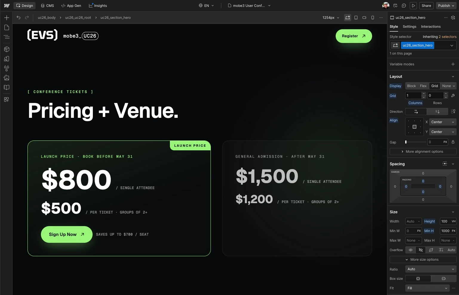 Ticket pricing, early registration options, and calls to action in Webflow