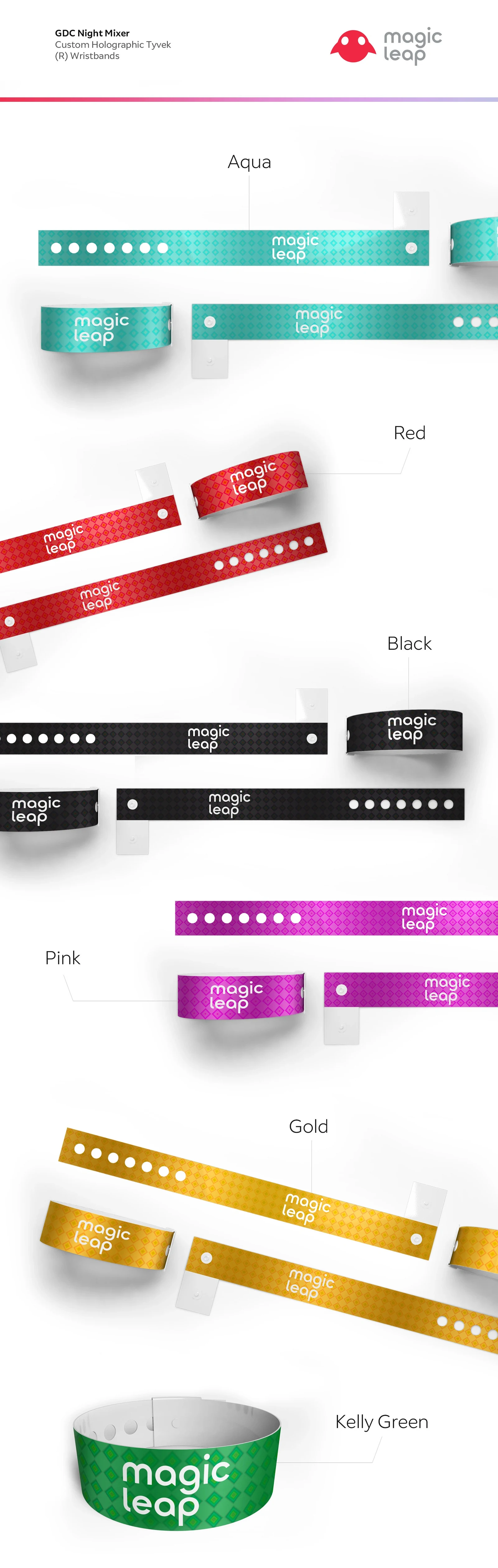 Holographic Magic Leap wristband mockups in aqua, red, black, pink, gold, and Kelly green