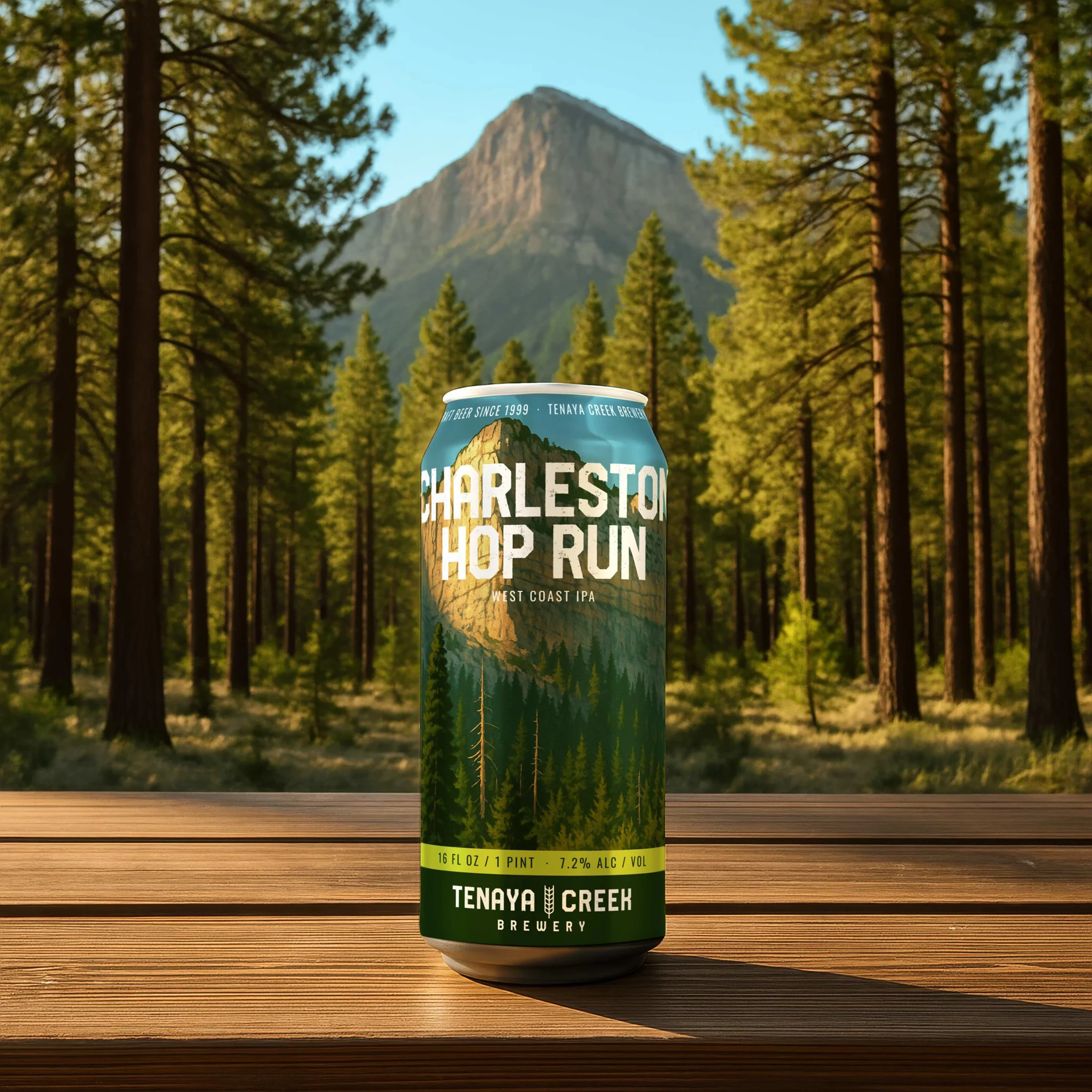 Charleston Hop Run can artwork presented against its mountain and pine forest setting
