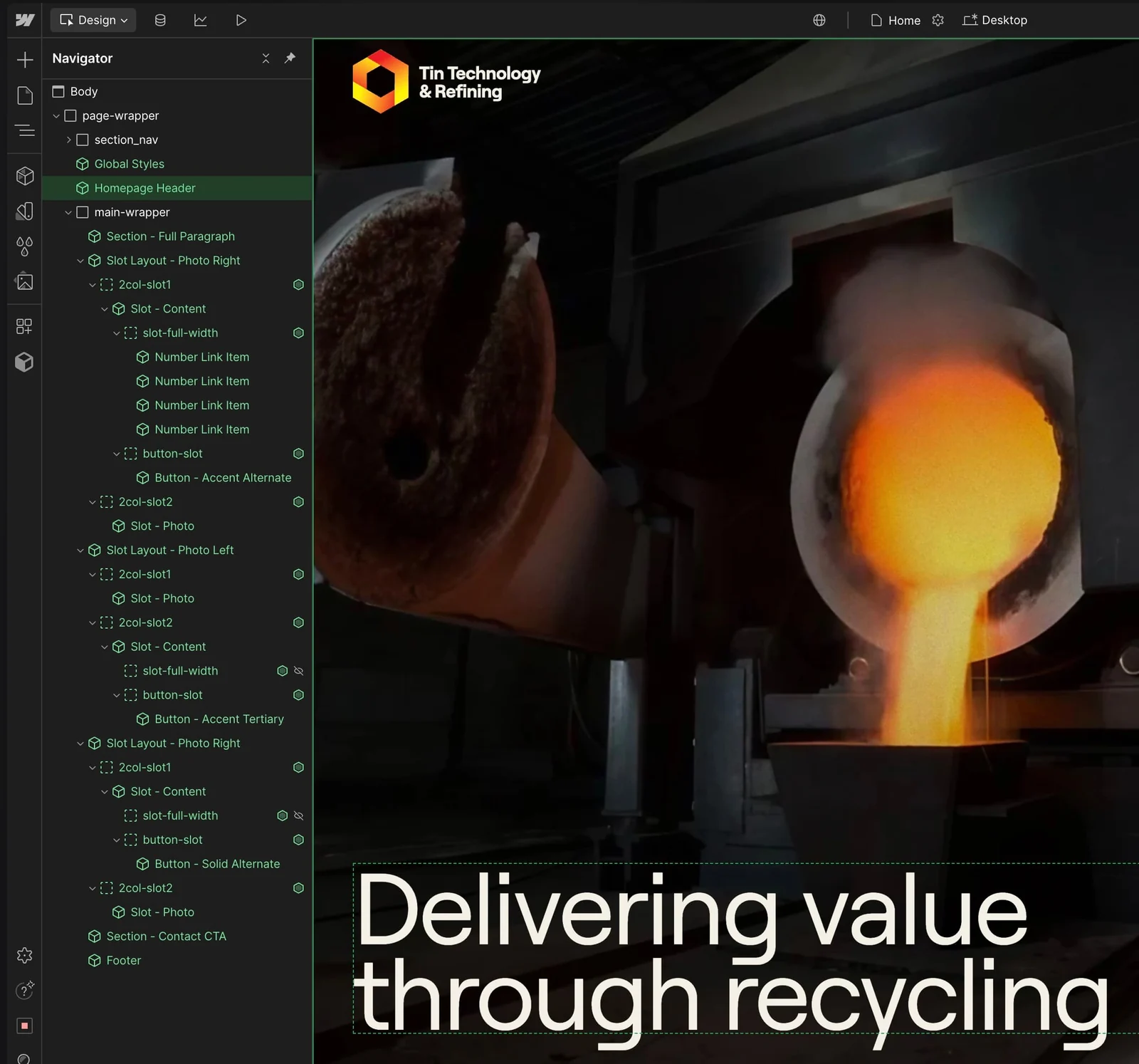 Webflow Designer showing the Tin Technology homepage and reusable components in the Navigator