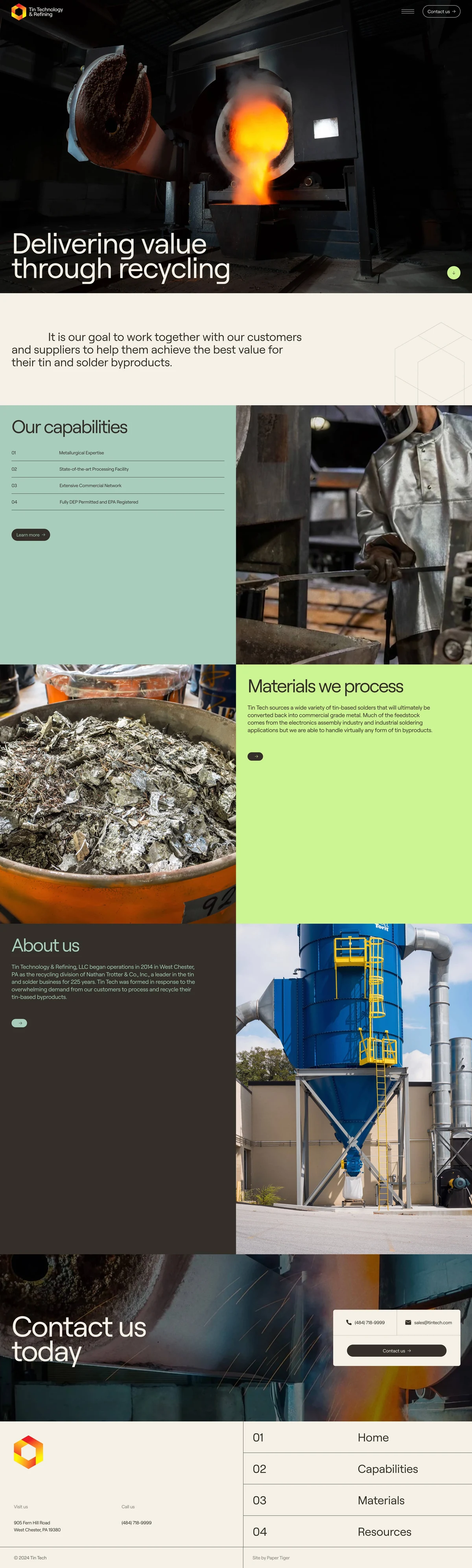 Tin Technology & Refining homepage, from the molten-metal hero through capabilities, materials, about, contact, and footer
