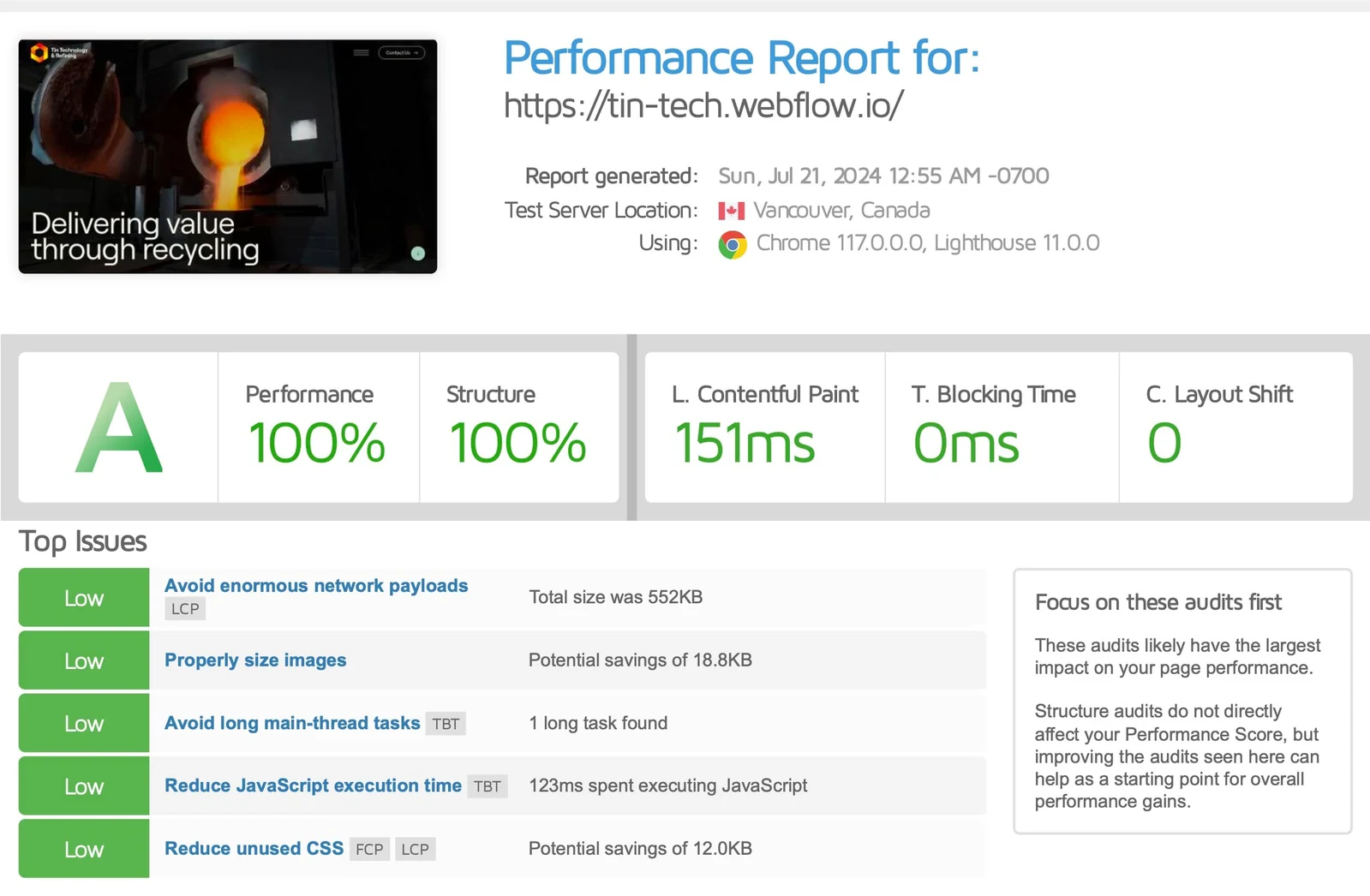 GTmetrix report for tin-tech.webflow.io, dated July 21, 2024, showing grade A, 100% Performance, and 100% Structure